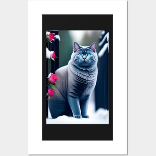 Unlock the Enchantment of British Shorthair and Snowy Roses Posters and Art
